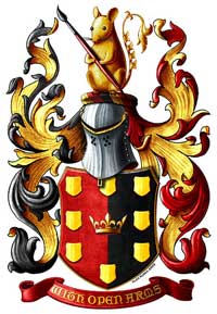 Partido de vermelho e negro, uma coroa antiga rodeada de dez escudos, tudo de ouro.